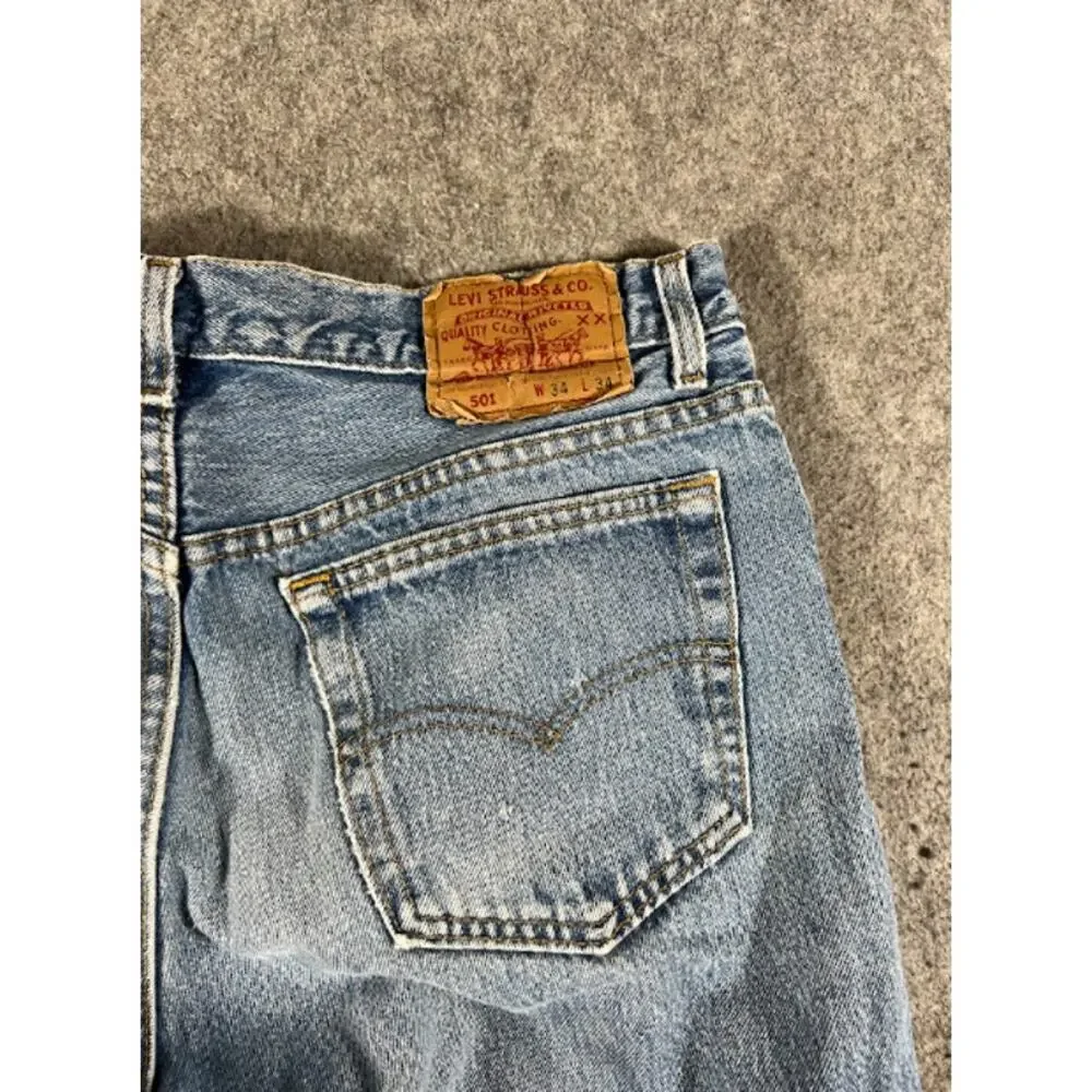 VTG 80s Levis 501 Jeans Men 34x34 Blue Light Wash Straight Distressed Streetwear - Picture 3 of 13